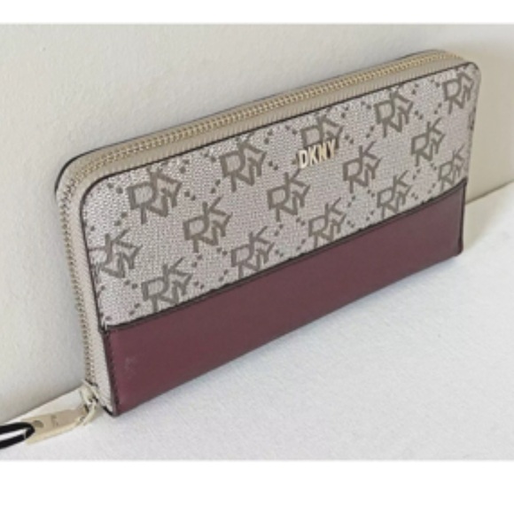 New DKNY Boxed Bryant Large Zip Around Continental Wallet Khaki / Aged Wine - Picture 2 of 4